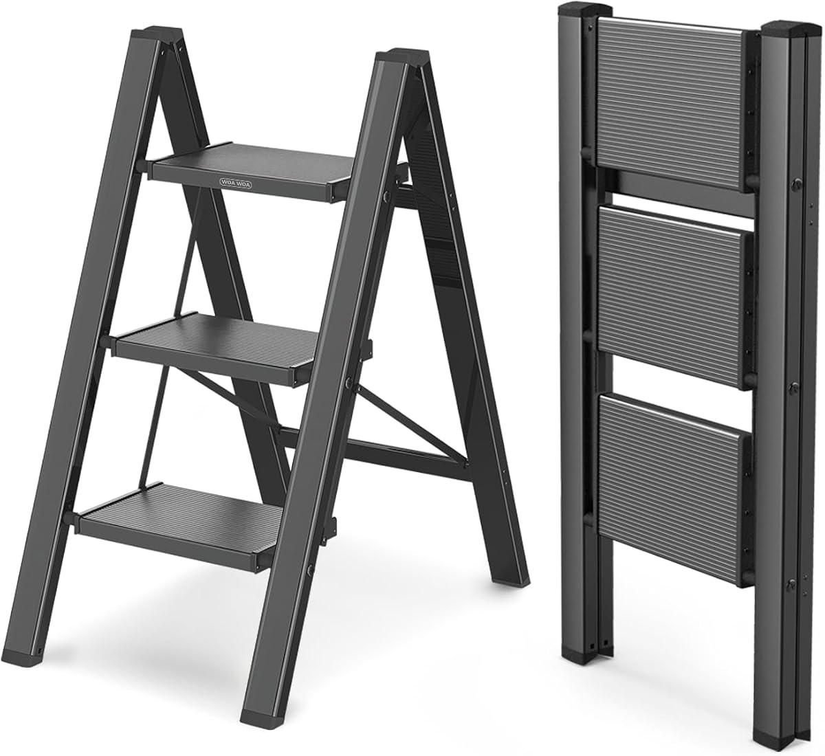 Escalera de 3 escalones, carga de 300 libras, escalón superior de 26 pulgadas, negro | alcance de 8 pies; Pedales de 7,9'' de ancho; Pies antideslizantes que agarran madera, baldosas y alfombras; Peldaños Rígidos de Aluminio; Sin Asamblea; Listo desde la caja.