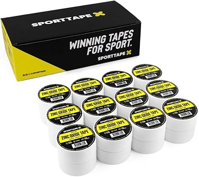 شريط أكسيد الزنك SPORTTAPE - علبة بها 24 لفة - 2.5 سم x 10 م | معصم أبيض &amp؛ شريط الإصبع | شريط الملاكمة، المعصم &amp؛ لف اليد | شريط الحزام الرياضي، الشريط الرياضي لكرة القدم والتجديف والكرة الطائرة