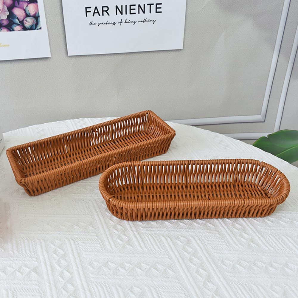 RT&BS Handwoven Utensil Basket, Artisan Mini Bread Basket, Flatware Storage Narrow Baskets for Farmhouse Kitchen, Rustic Dining Table Decor (3pcs, Rectangle)