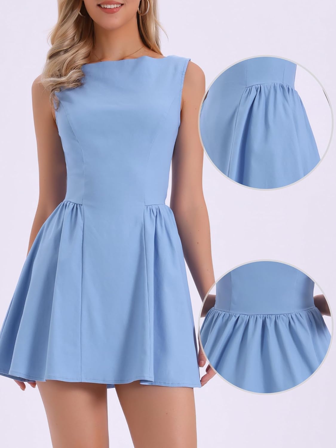 Allegra K Sleeveless Mini Dress for Women Boat Neck 2025 A Line Office Work Dresses - Image 3