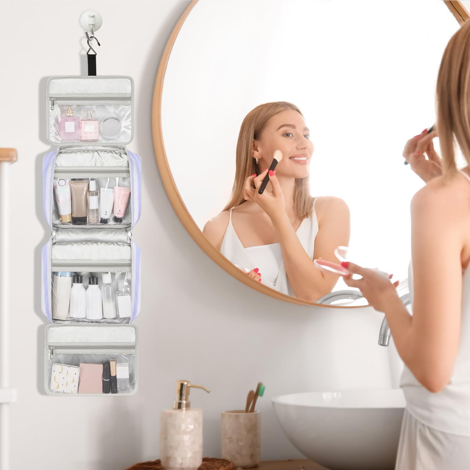 Bosidu Hanging Travel Toiletry Bag,Large Capacity Cosmetic Travel Toiletry Organizer for Women with 4 Compartments & 1 Sturdy Hook,Perfect for Travel/Daily Use/Christmas - Image 8