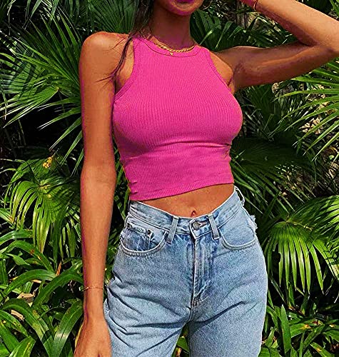 Image of Artfish Women Casual Basic Sleeveless High Neck Rib-Knit Y2k Crop Tank Top