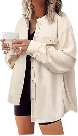 DARKRANI Women's Waffle Shacket Boyfriend Shirt Jacket Long Sleeve Blouse Button Down Oversized Tops