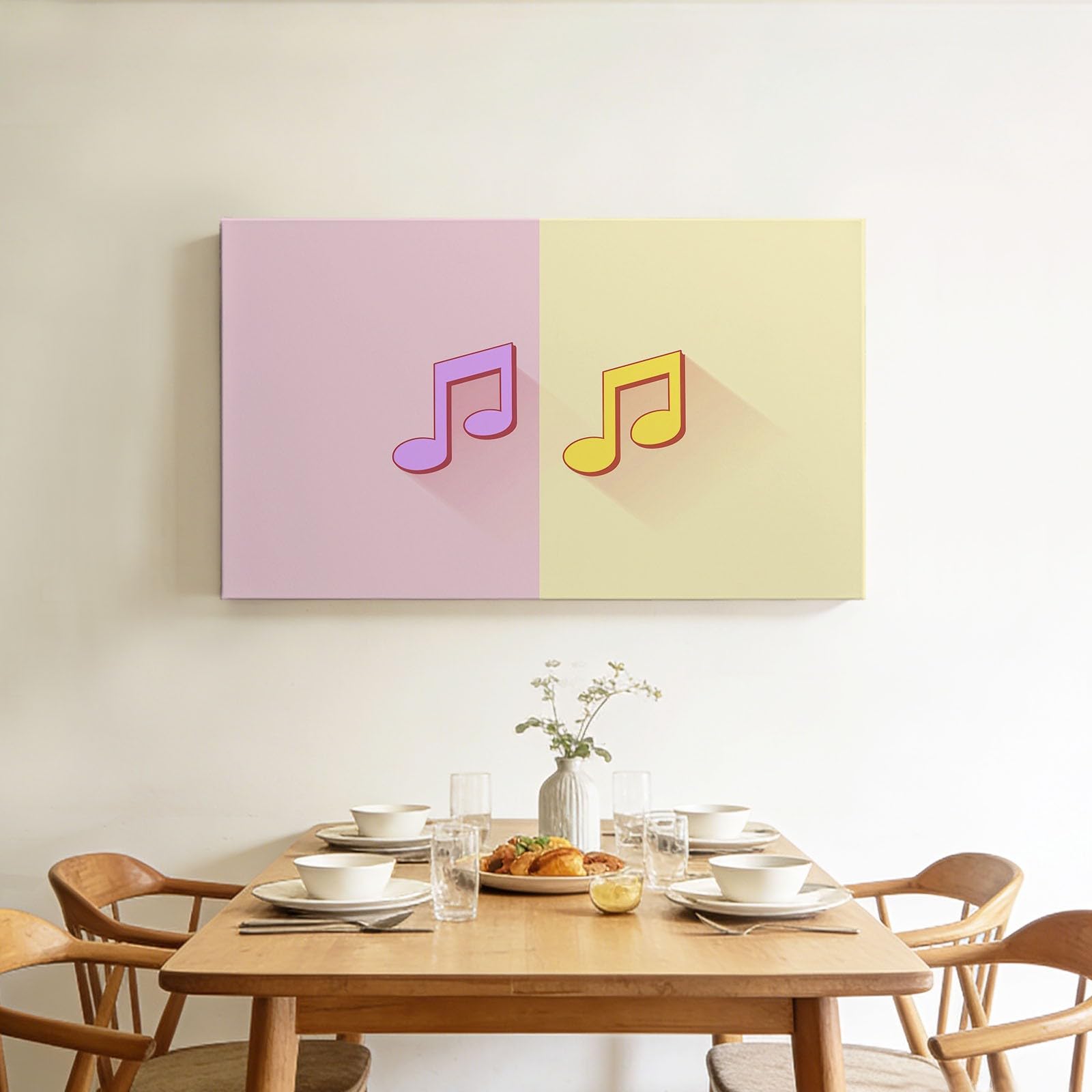 Minimalistisch Geometrisch Musiknoten Modernes Leinwandbild 90L x 60B cm mit Rahmen, Lila Gelb XXL Wanddeko für Wohnzimmer Geschenk Idee Einzug - Hochwertiger Kunstdruck auf Holzrahmen