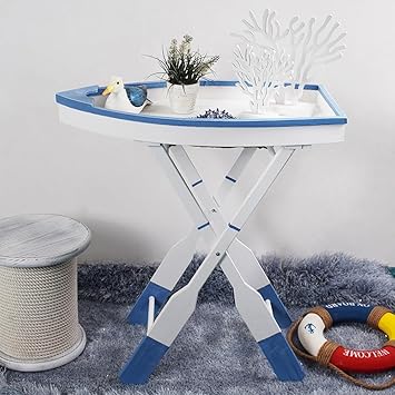 Boat Nautical Coffee Table, Rustic Wooden Coastal End Table, Foldable Decor Side Table with Oar Shaped Legs, Beachy Room Decor for Living Room, Studio