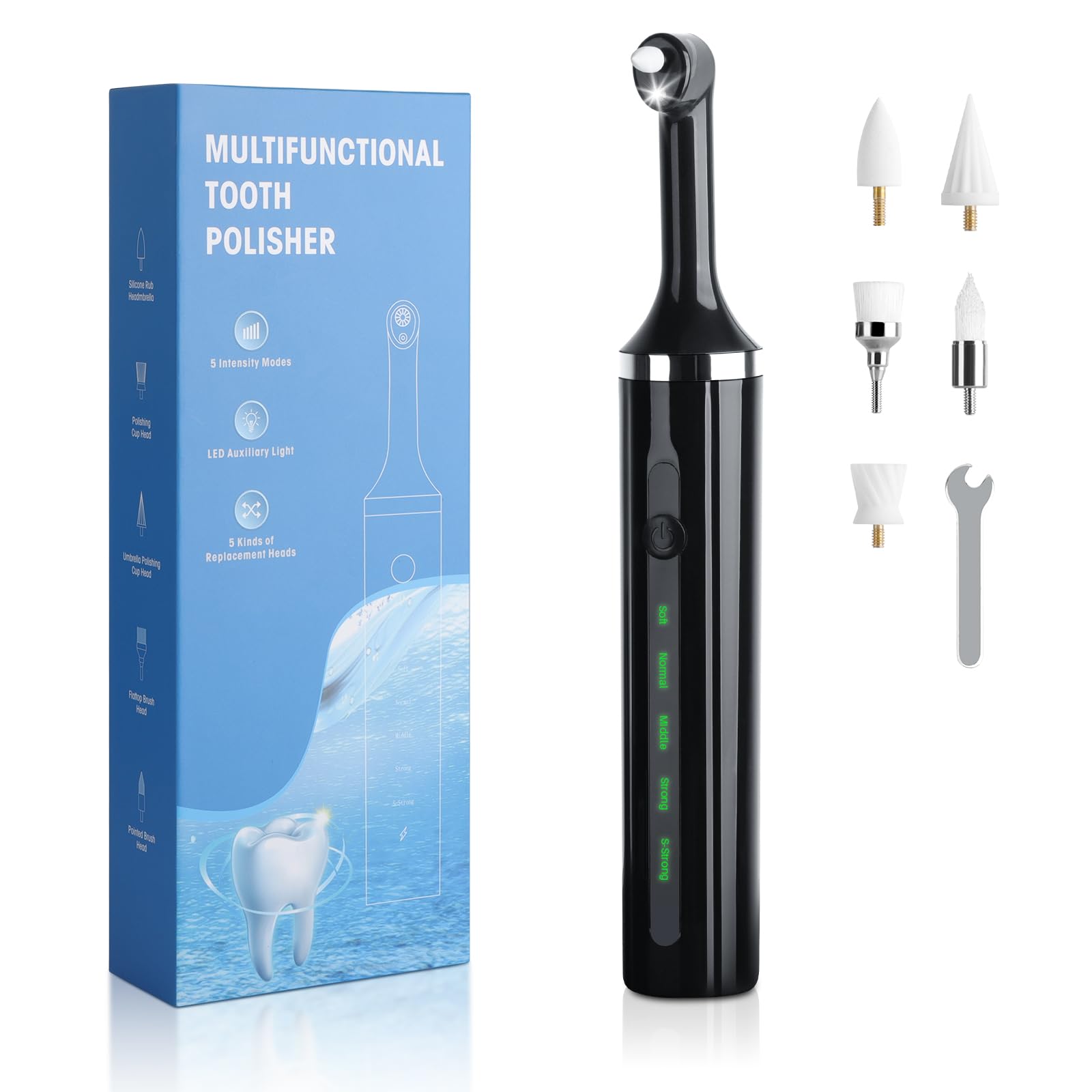 Morfone Set di sbiancamento dei denti, lucidatrice dentale con 5 modalità e 5 teste, set sbiancante per la pulizia dei denti, lucidatura, illuminante, luce LED USB-C IPX6 impermeabile