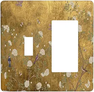 Decorative Outlet Covers Vintage White Flowers Birds on Golden Background 2 Gang Outlet Cover Wall Plate Single Toggle Rocker Light Switch Cover Plate Switch Plate Covers
