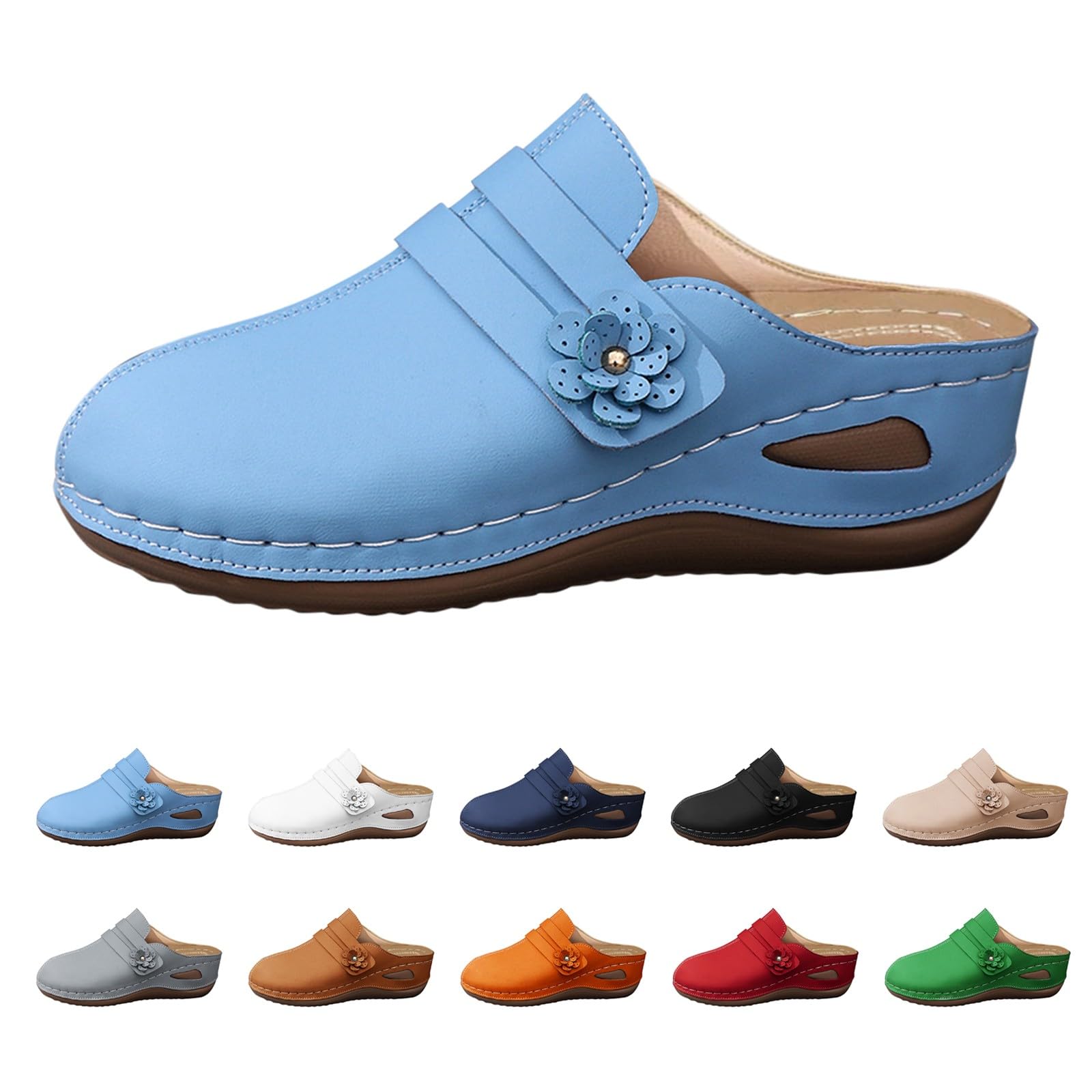 Generico Damen-Sandalen mit niedrigem Keilabsatz – Damen-Sandalen vorne und offen hinten eingefädelte Sandalen, leicht anzuziehen, elegante Sommerschuhe, Hausschuhe mit Blumen, einfarbig, bequem