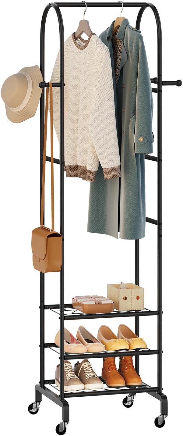 Garment Rack with Wheels,Small Metal Coat Rack With 4 Hooks,Freestanding Heavy Duty Clothing Rack with Shoe Shelves,Hanging Rod for Small Space,Bedroom,Entryway, Office, Living Room (Black)