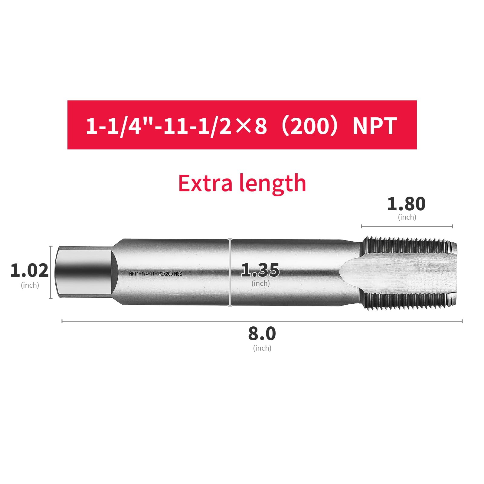 Grifo de rosca de tubo extendido NPT1-1/10.2 cm-11-1/2 × 8 pulgadas, acero de alta velocidad (HSS) 1-1/4 pulgadas alargado por 8 pulgadas, grifos de rosca de tubo cónico DRINYOUNG