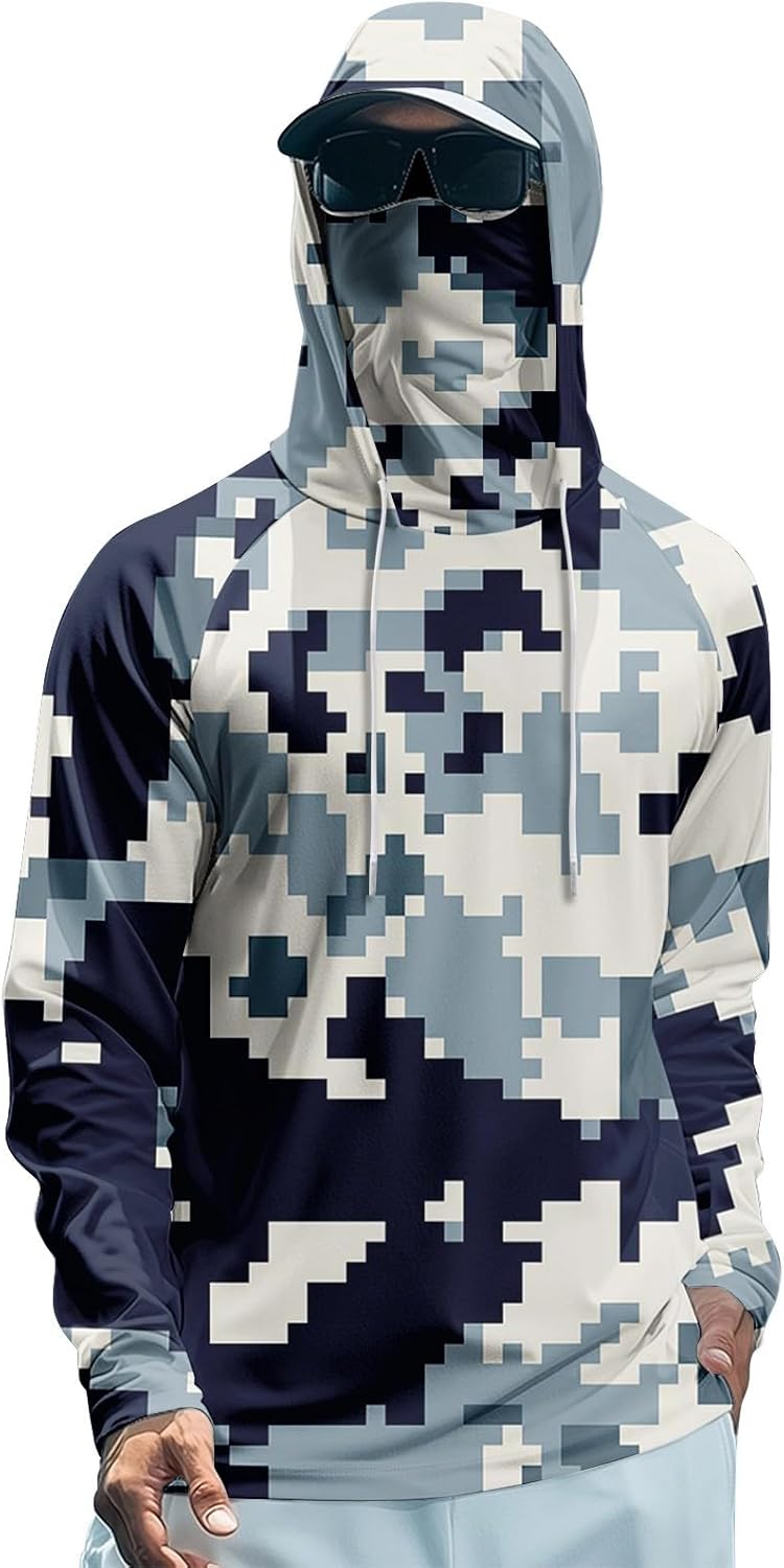 Men's UPF 50+ Sun Protection Hooded Shirt with Integrated Face Cover Long Sleeve Lightweight Rash Guard Shirts