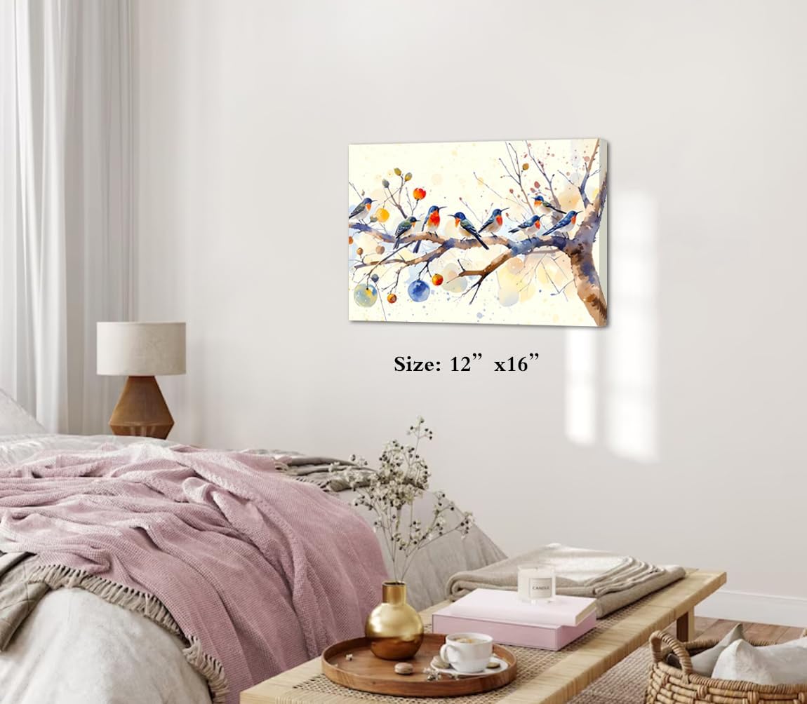 Framed Birds Canvas Wall Art,Bird Canvas Prints Home Decor,Birds On a Branch Wall Art,Rustic Farmhouse Botanical Wall Decor Bird Artwork for Bathroom Kitchen Home Decor(12"x16")