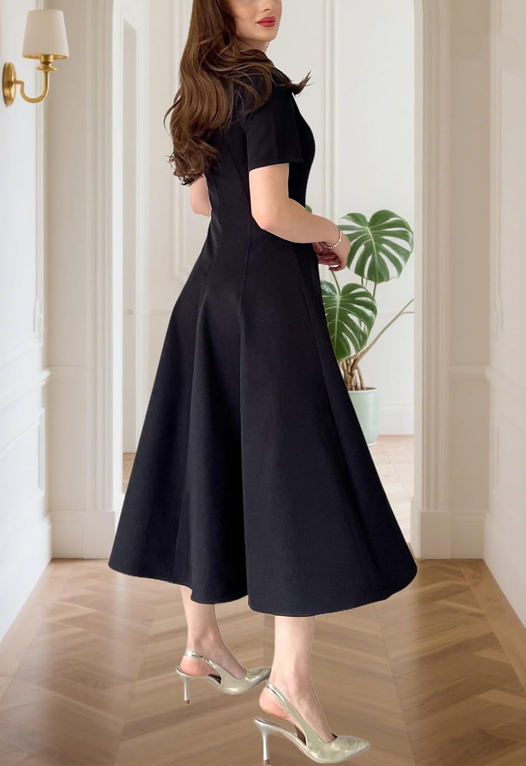 Women's Summer Round Neck Midi Dress Short Sleeve Fit and Flare Elegant A-Line Business Swing Dresses - Image 6