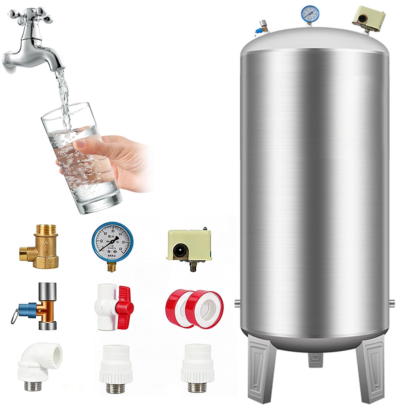 Zbiornik ciśnieniowy na wodę, 100 l/160 l/200 l/250 l, w pełni automatyczny zbiornik do instalacji wodnej do pompy studni, do użytku rolniczego, mieszkaniowego, z zestawem montażowym
