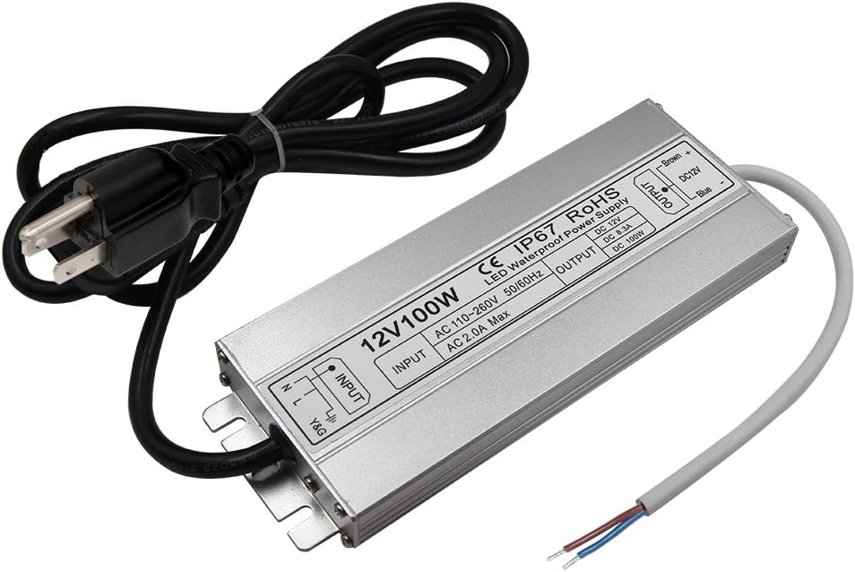 LED Driver Waterproof IP67 Power Supply 100W 12V DC 8.5a Transformer thinner and Durable with US 3-Prong Plug Plate for Outdoor Use