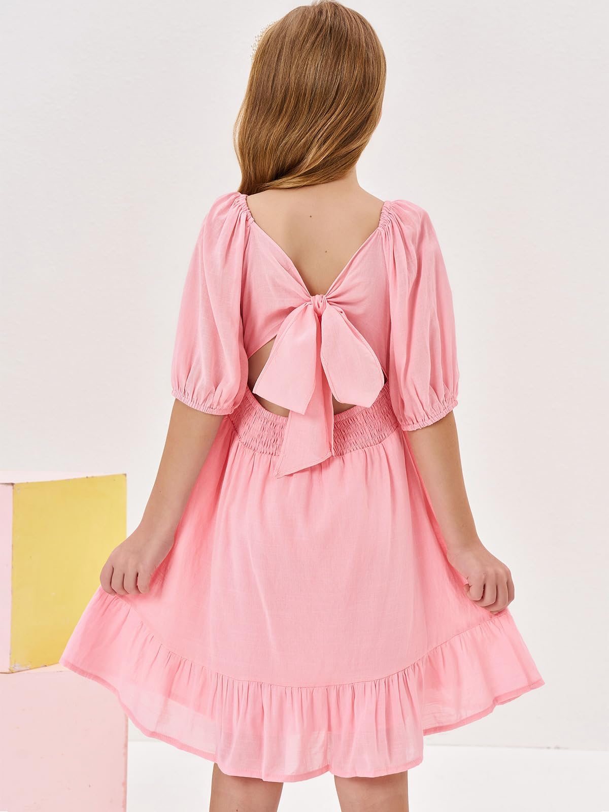 Haloumoning Vestidos de verano para niñas, de manga corta, cuello cuadrado, con cordones, espalda descubierta, volantes, acampanado, vestido de fiesta
