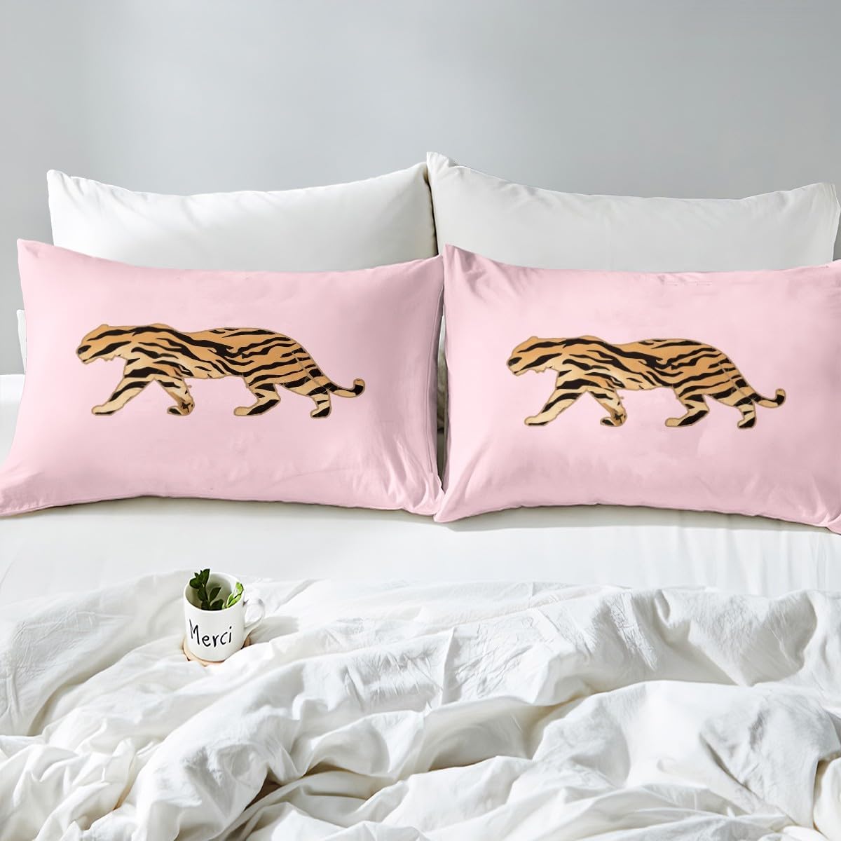 Castle Fairy Tiger Skin Duvet Cover Toddler for Kids Teens,Jungle Safari Animals Skin 2 Pieces Duvet Cover,Yellow Black Stripes Soft Comforter Cover (Not Comforter),Watercolor Pink Girls Quilt Cover