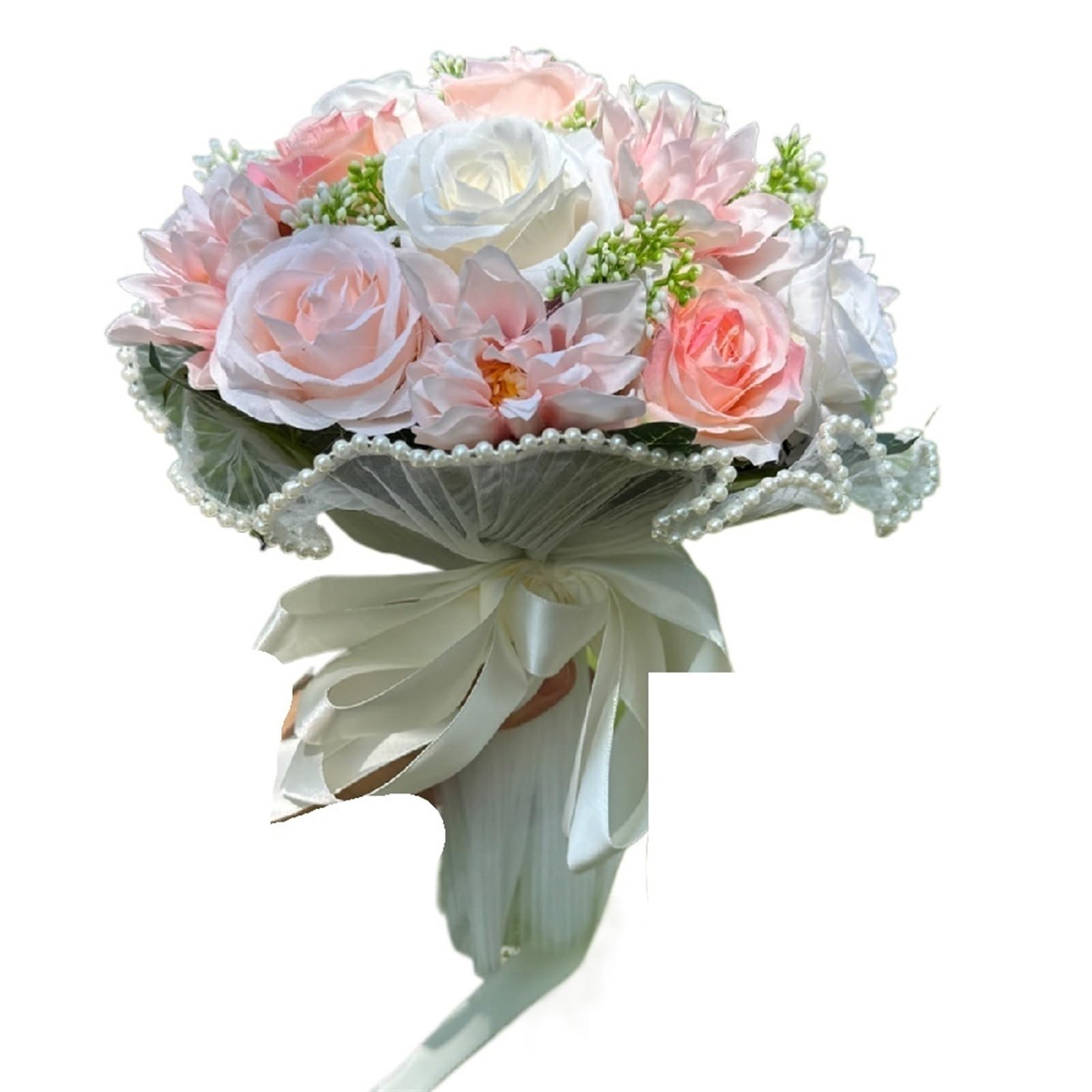 NDLHXKFRP Wedding bouquets for brides and bridesmaids, Wedding Bouquet Multicolor Rose Bridesmaid Silk Ribbon Pearl Lace Mesh Ball Gift(B-champagne)