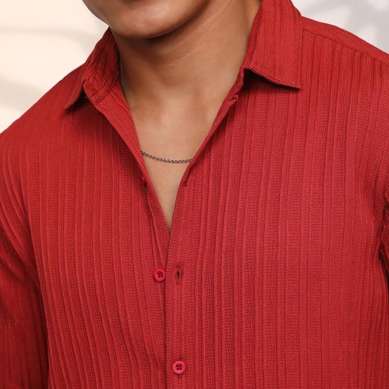 Image of CAHOOT Men's Veined-Textured Shirt | Casual Wear | Spread Collar | Long Sleeve | Button Closure | Shirt Crafted with Comfort Fit for Everyday Wear