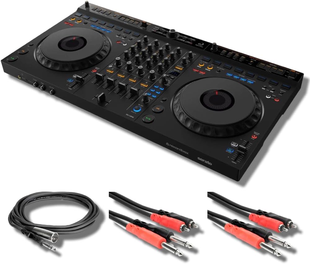 DDJ-GRV6 4-Channel DJ Controller with 2x Hosa CPR-203 Dual 1/4" to Dual RCA Cables and Hosa STX-105M 1/4" TRS to XLR Cable