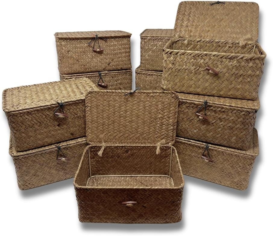 12 Pack Handwoven Seagrass Keepsake Storage Boxes with Lid – Braided Natural Baskets for Rustic Bridesmaid Proposal Boxes, Wedding Hotel Welcome Gifts, Airbnb Decor & Closet Organization