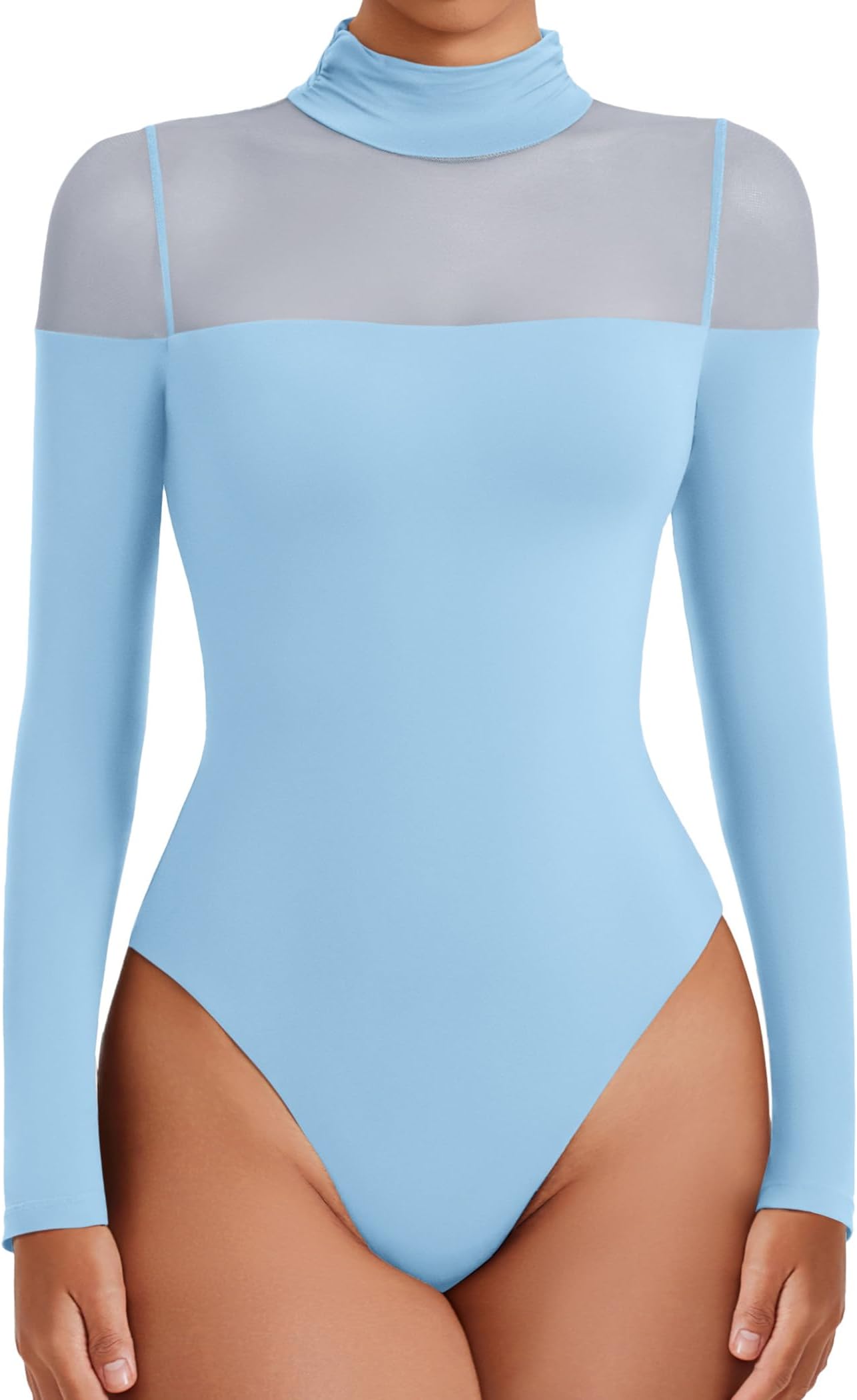 Women's Long Sleeve Bodysuits Thong Turtle Neck Body Suit Mesh Going Out Leotard Tops One Piece