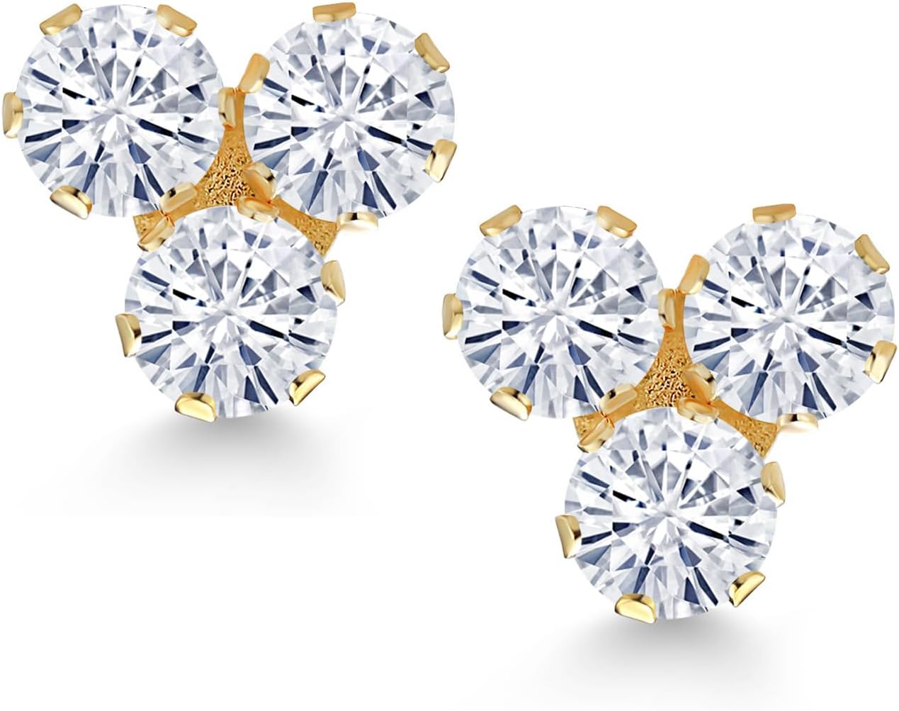 Gem Stone King 14K Yellow Gold Gemstone Birthstone and White Moissanite Trio 3-Stone Stud Earrings for Women | 3MM Round | Fine Jewelry for Her Mom Women Wife