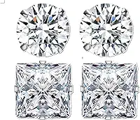 Conjunto 2 Pares de Brincos Prata Cravejado de Zirconia10mm Masculinos Redondo e Quadrado Estilo CR7 Alto Brilho
