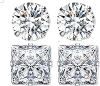 Conjunto 2 Pares de Brincos Prata Cravejado de Zirconia10mm Masculinos Redondo e Quadrado Estilo CR7 Alto Brilho