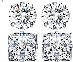 Conjunto 2 Pares de Brincos Prata Cravejado de Zirconia10mm Masculinos Redondo e Quadrado Estilo CR7 Alto Brilho