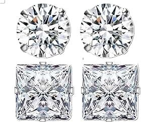 Conjunto 2 Pares de Brincos Prata Cravejado de Zirconia10mm Masculinos Redondo e Quadrado Estilo CR7 Alto Brilho
