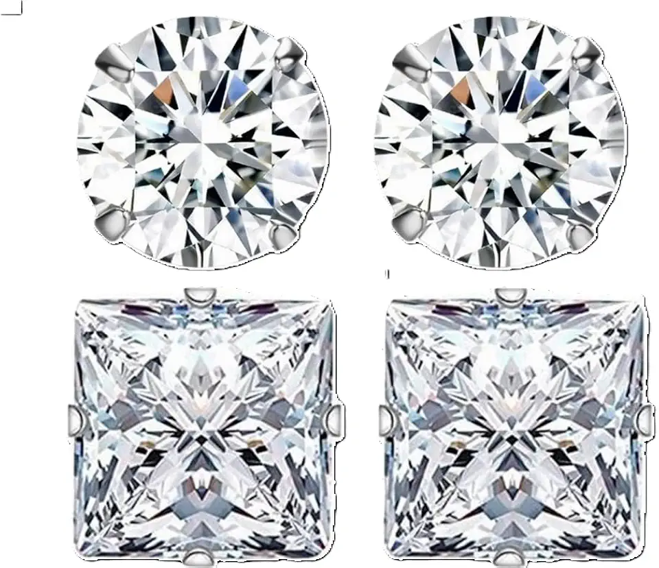 Conjunto 2 Pares de Brincos Prata Cravejado de Zirconia10mm Masculinos Redondo e Quadrado Estilo CR7 Alto Brilho