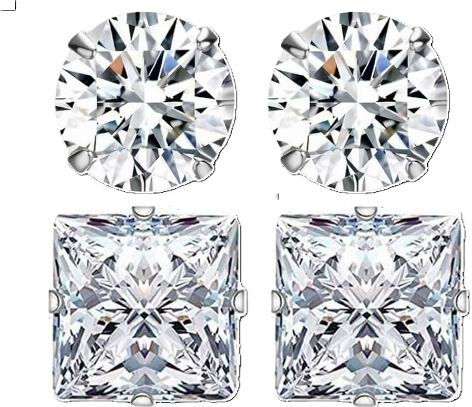 Conjunto 2 Pares de Brincos Prata Cravejado de Zirconia10mm Masculinos Redondo e Quadrado Estilo CR7 Alto Brilho