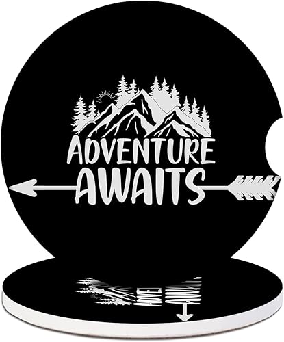 Adventure Awaits - Posavasos de cerámica absorbente, paquete de 2, posavasos antideslizantes para automóvil, accesorios interiores de moda para