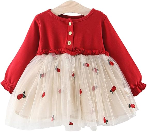 Amazon Co Jp Yy Natuhi ベビー服 ワンピース 女の子 長袖 ドレス イチゴ柄 チュールスカート プリンセス キッズ 子供服 可愛い 春夏秋 おしゃれ 卒業式 入園式 入学式 通学 通園 誕生日 結婚式 重ね着風 赤 服 ファッション小物