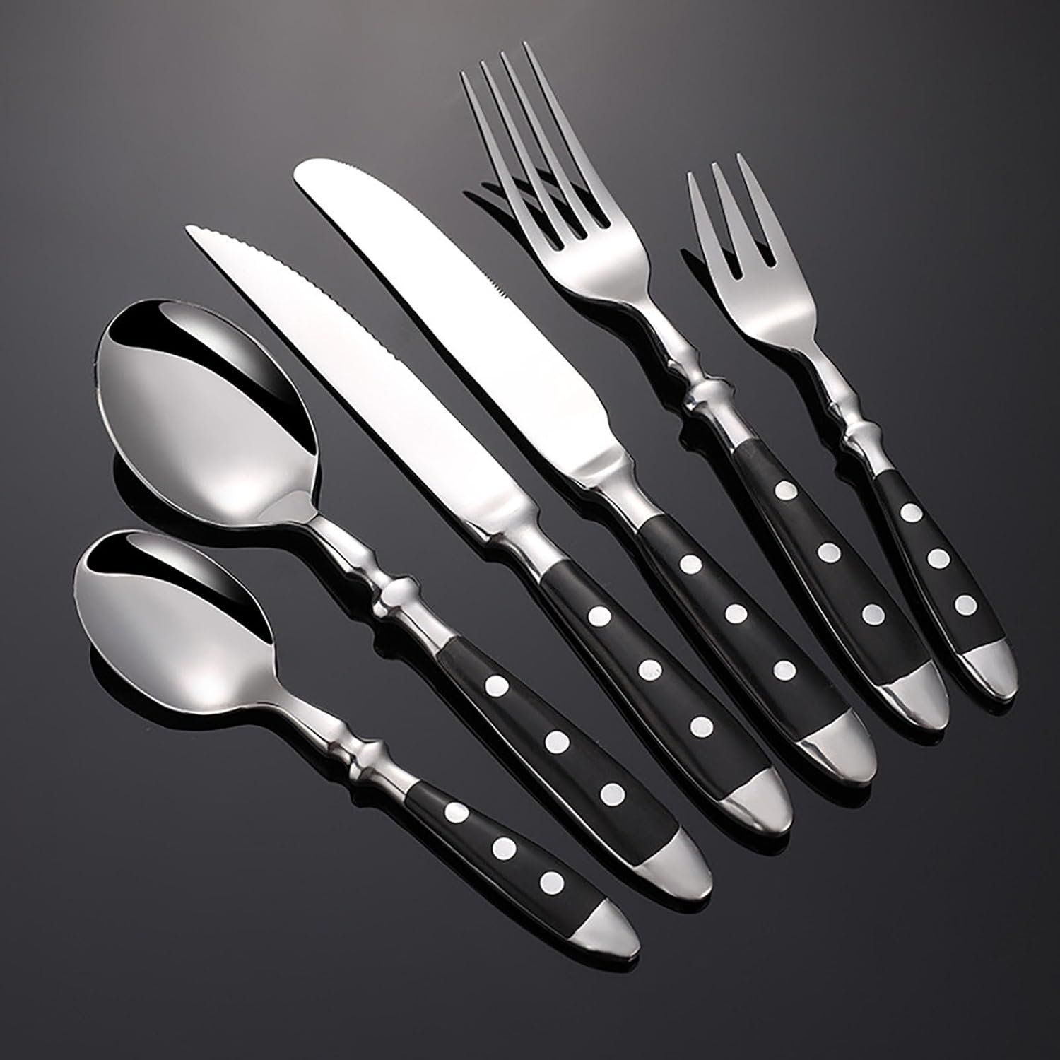 IKXO 6 Pieces Black Silverware Set, Black Flatware Set, Food-Grade Stainless Steel Cutlery Set for 1, Tableware Eating Utensils, Mirror Finished, Dishwasher Safe