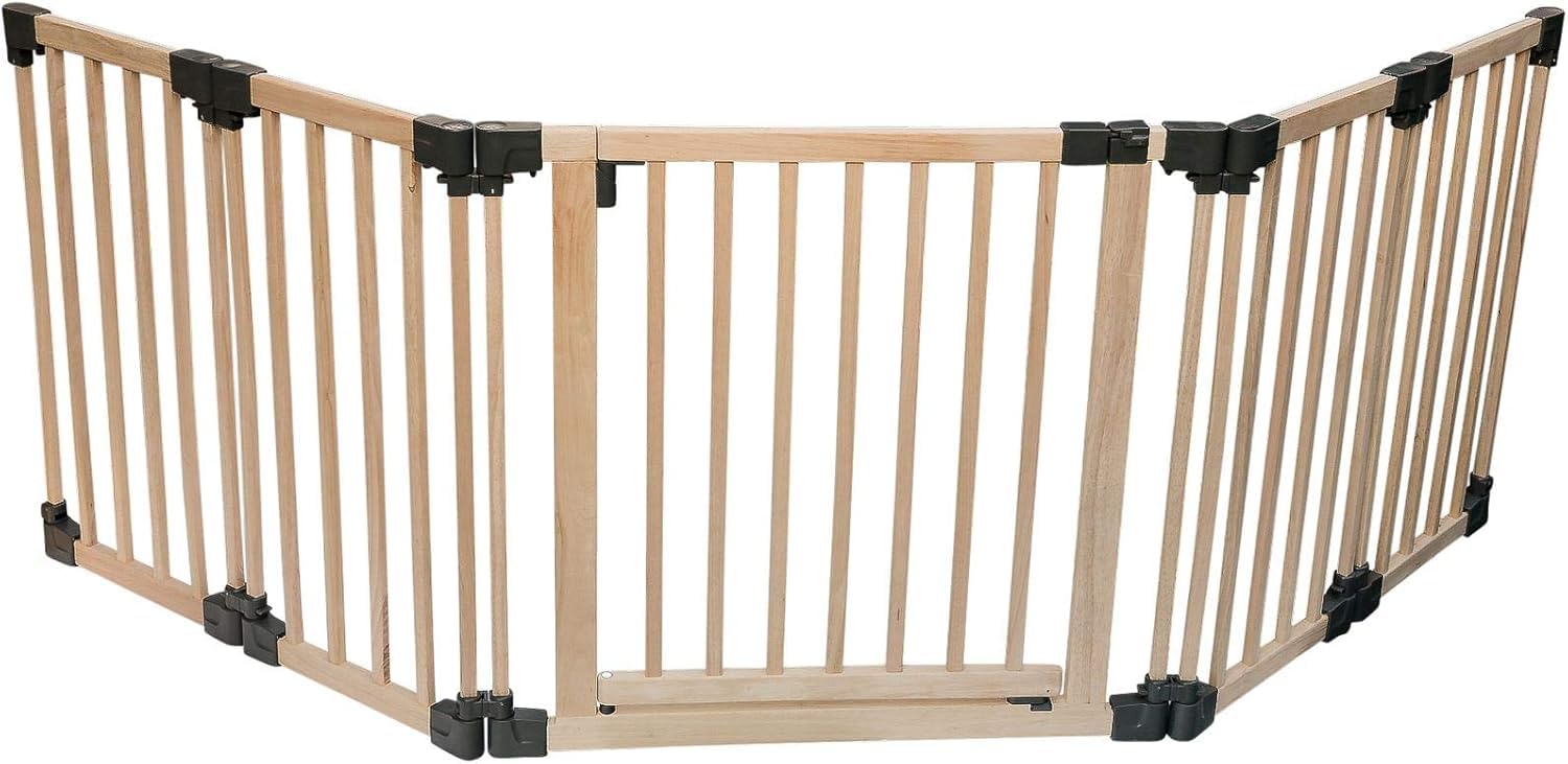 Safetots Barrera de Seguridad de Madera Multiusos con Paneles Modulares, Hasta 256cm, Madera Natural, 76cm de Altura, Divisor de Habitación con Puerta para Bebés y Niños Pequeños, Instalación Fácil