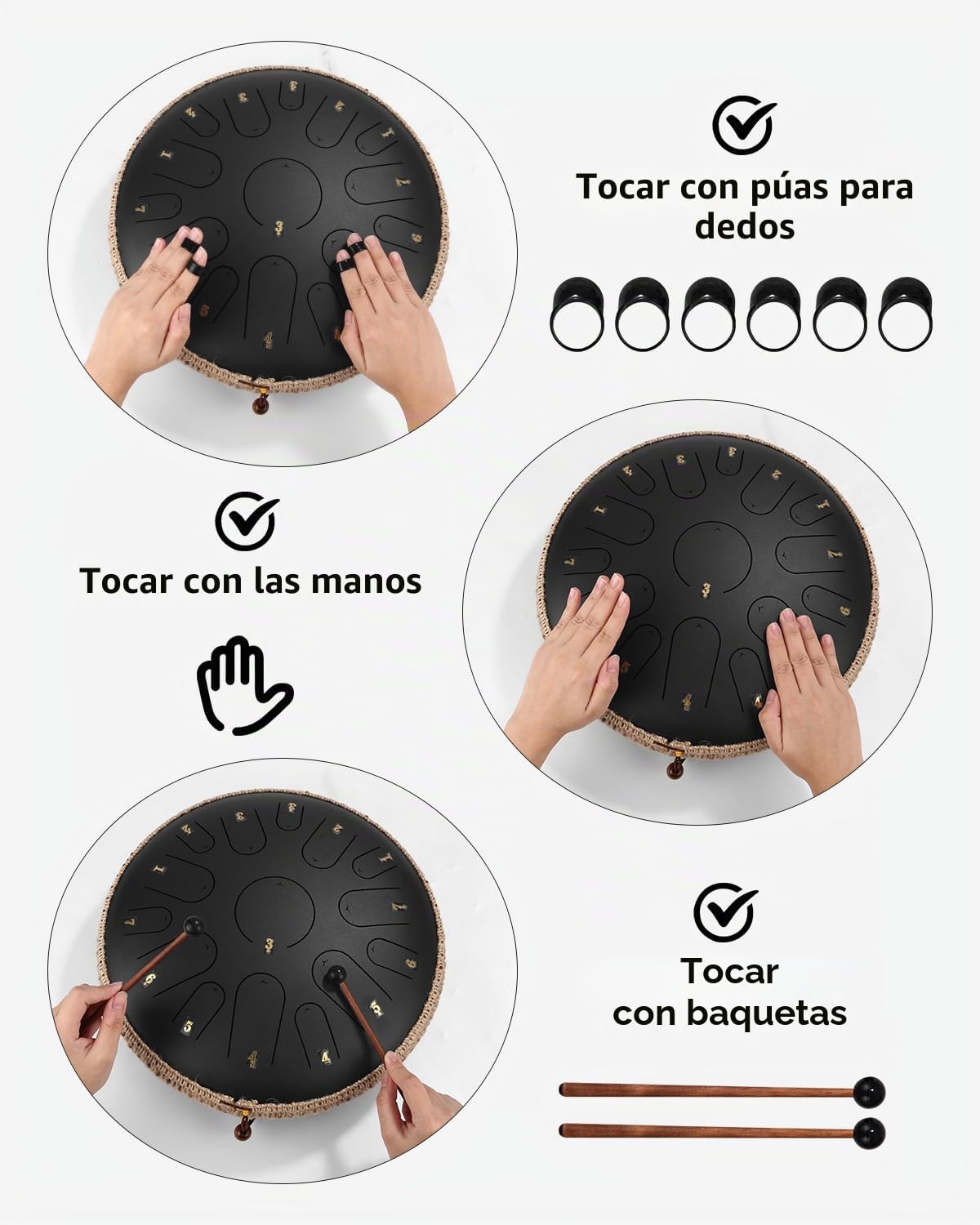 Tambor de Lengua de Acero 14 Pulgadas 15 Notas,Tambor Handpan Instrumento de percusión de Acero Tambor de Mano con Bolsa de Transporte Mazas y Soporte de Mazo para Yoga,Meditación,Alivia el Estrés