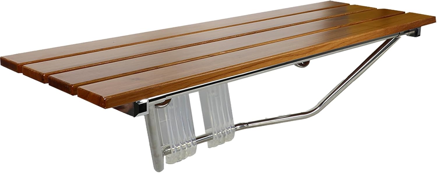 36" ada compliant foldable teak wood shower bench, wall mounted 400lb capacity, clear coated premium finish, space-saving medical bath seat for seniors & limited mobility