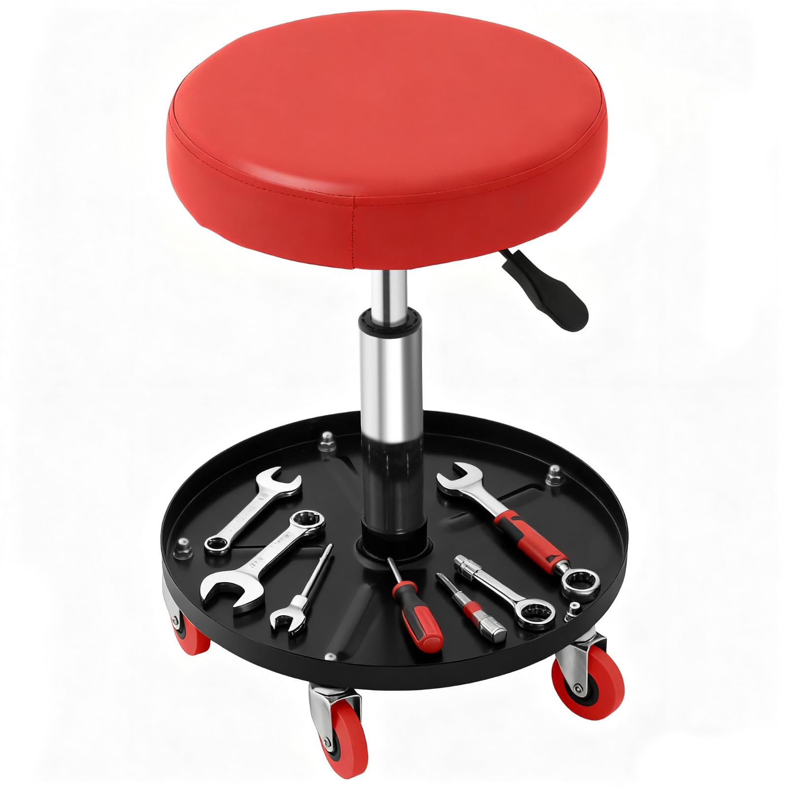 Tabouret d'Atelier Mobile Charge, Tabouret de Mécanicien à Roulettes Lisses Siège d'Atelier Hauteur Réglable avec Plateau à Outils Cadre Robuste Assis our Entretien Réparation Automobile Garage