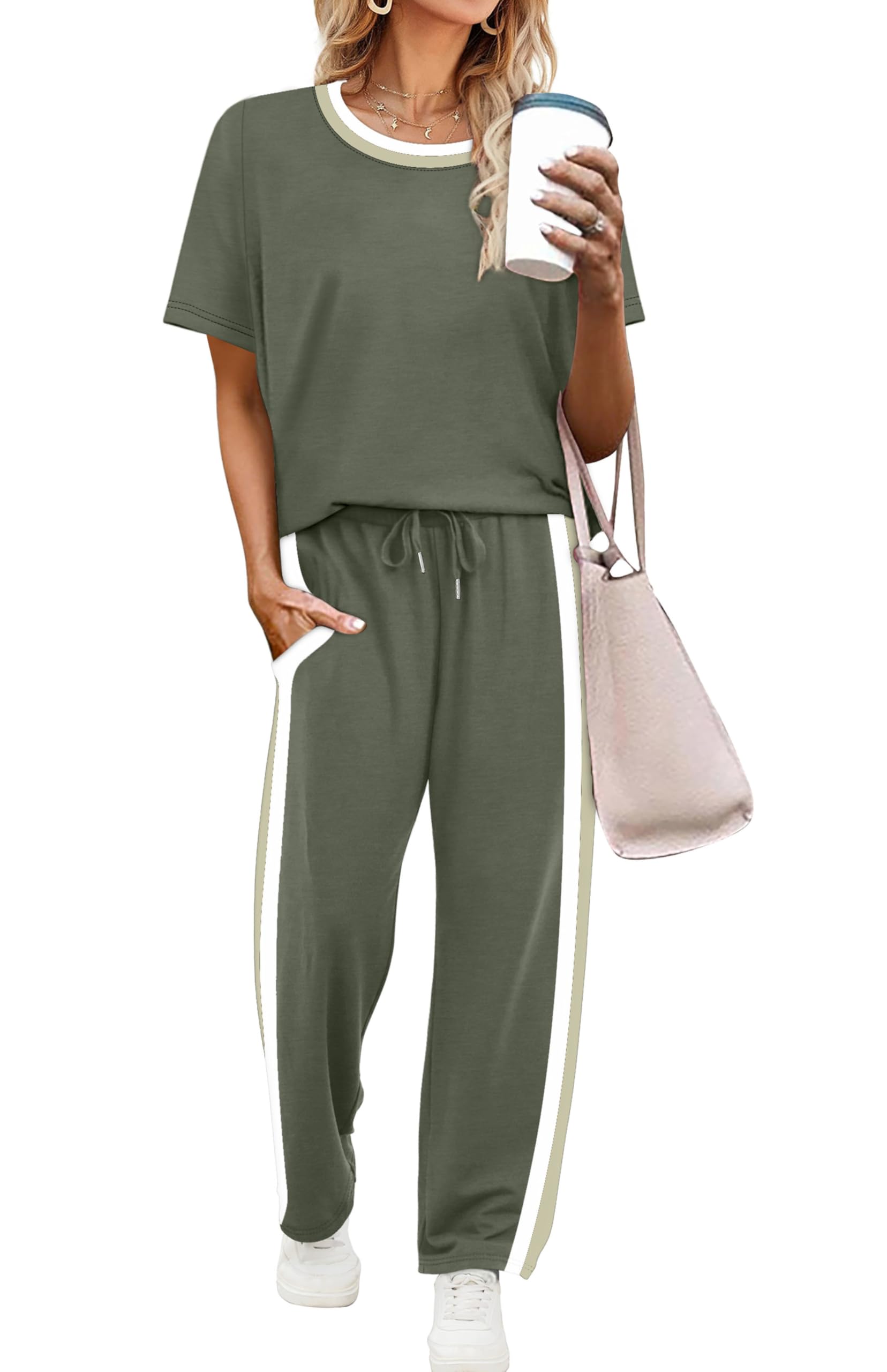 2 Piece Lounge Sets for Women Matching Set Summer Outfits Short Sleeve Tops Wide Leg Pants with Pockets-image-41