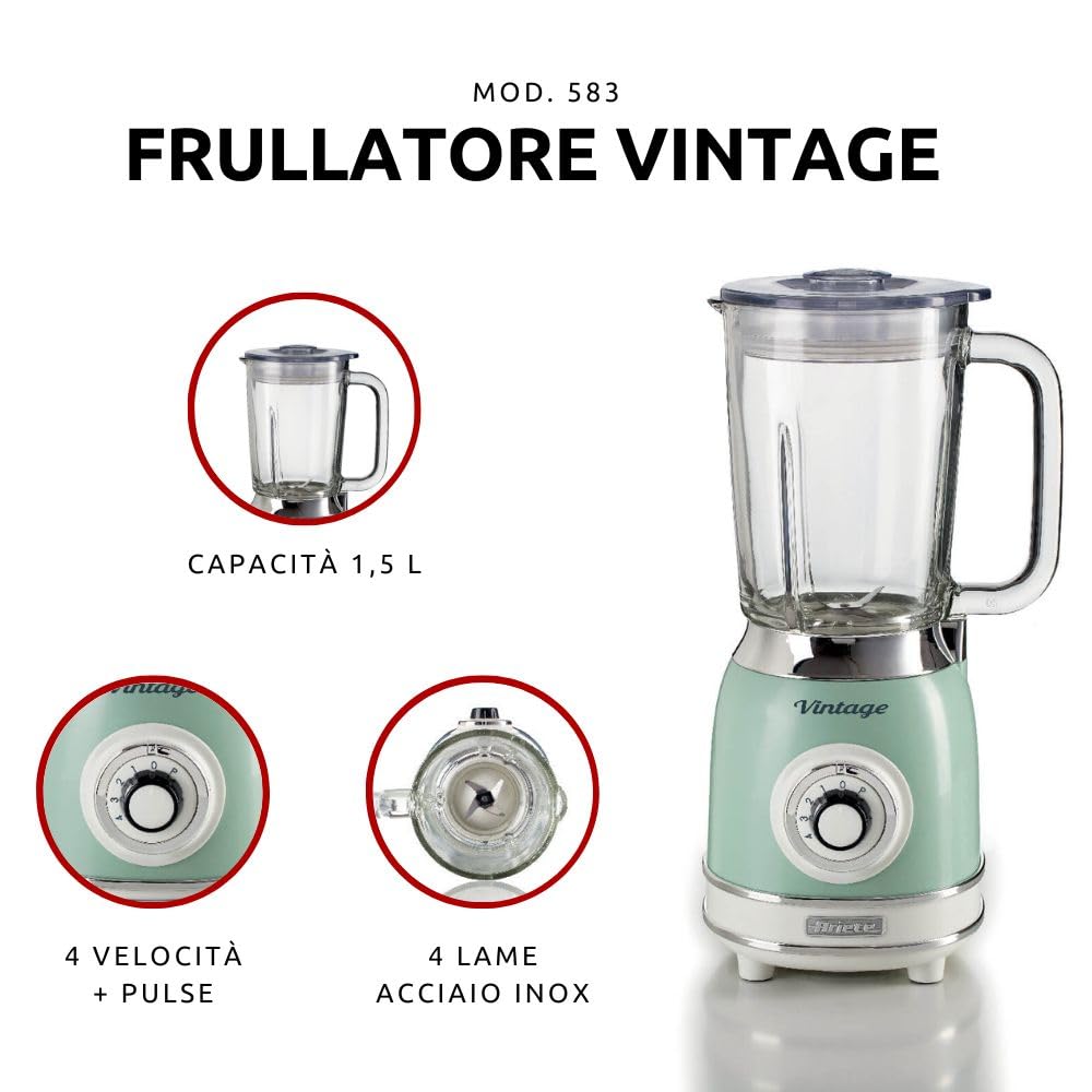 Ariete Frullatore di Vetro Vintage 583, Frullatore Multifunzione con 4 Lame, 4 Velocità + Pulse, Funzione Tritaghiaccio, Capacità 1,5 Litri, 1000W, Verde