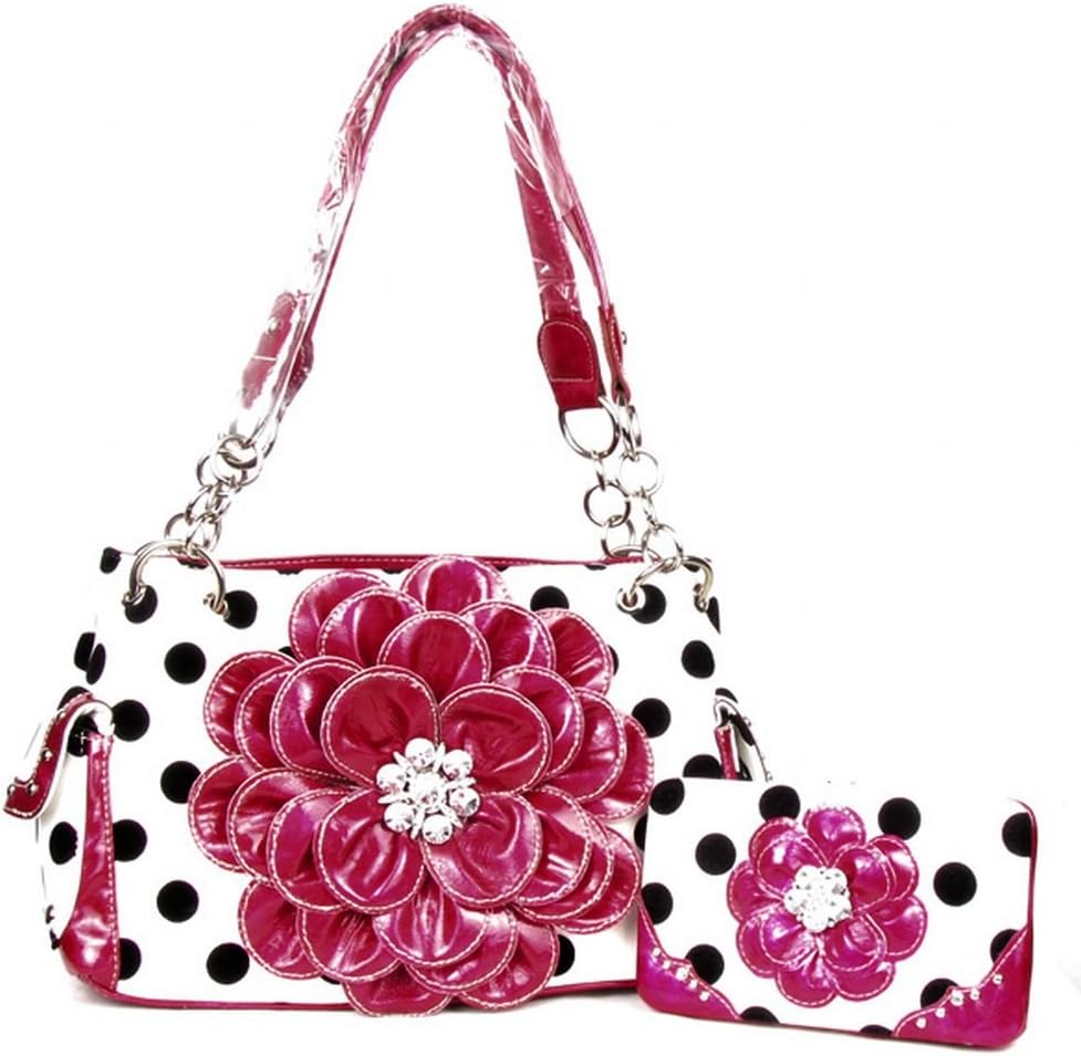 Polka Dots Rhinestone 3D Flower Handbag Purse with Matching Wallet Free Bracelet