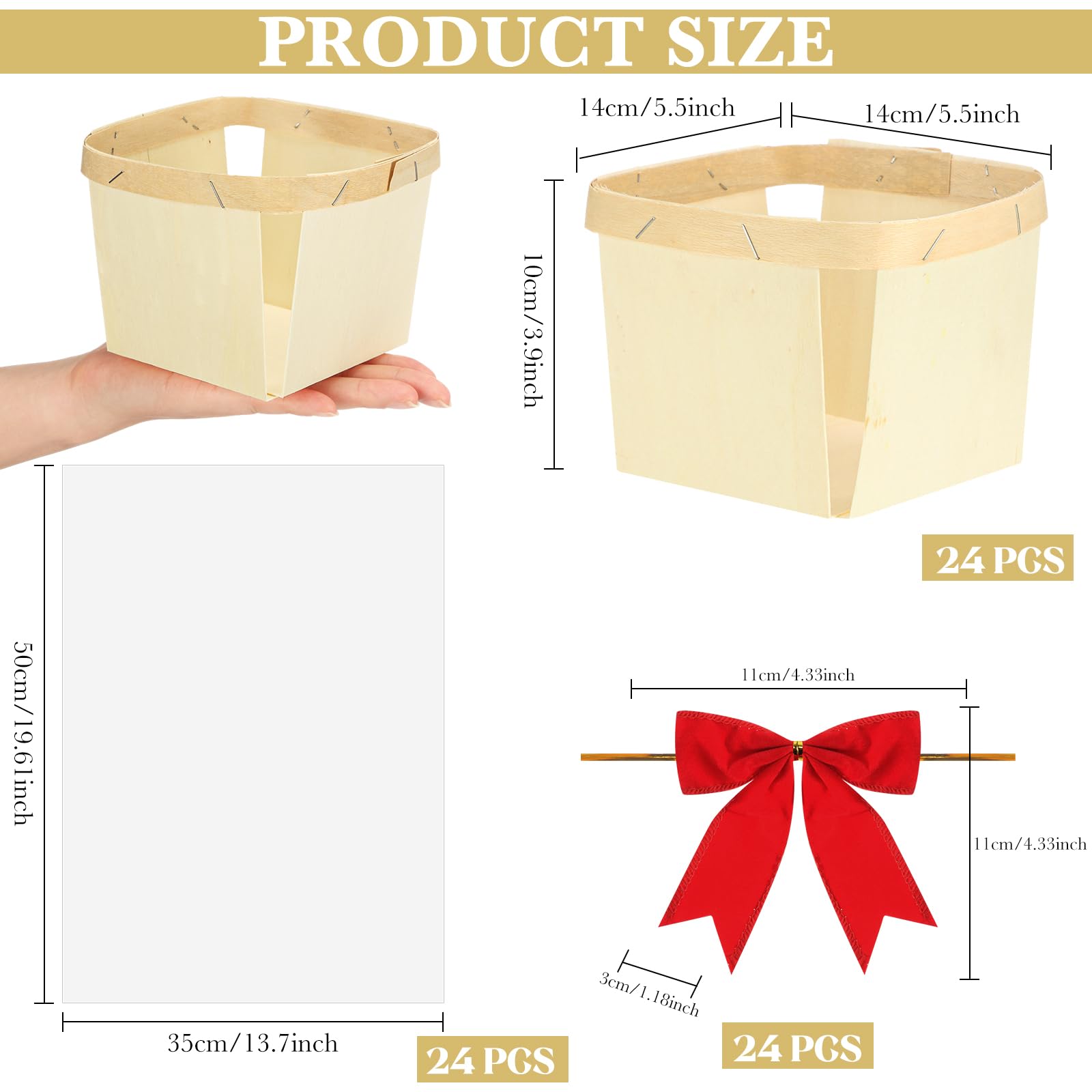 Kigley Juego de 24 cestas de regalo de madera vacías pequeñas con bolsas de celofán, kit de cesta para Pascua, recolección de frutas, cumpleaños, boda, fiesta de lazo (5.5 pulgadas, rojo)