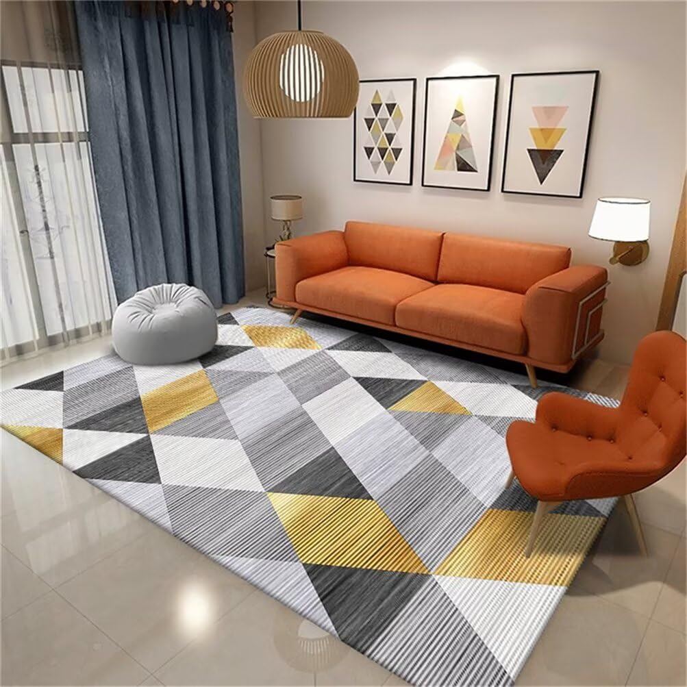Tapis lavable en machine gris et jaune 100x160cm au motif géométrique moderne