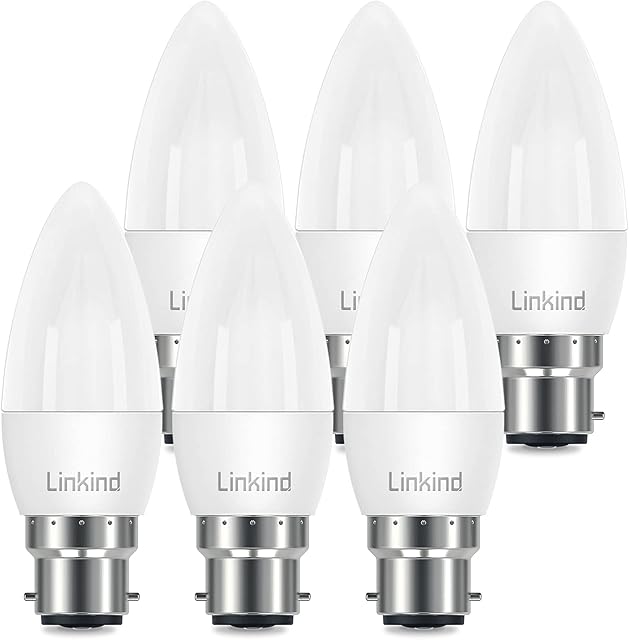Linkind B22 LED Candle Light Bulb Bayonet Cap, 7W(60W Traditional Bulb Equivalent), 806 Lumen, Soft White 2700K, Non-Dimmable, 6 Pack