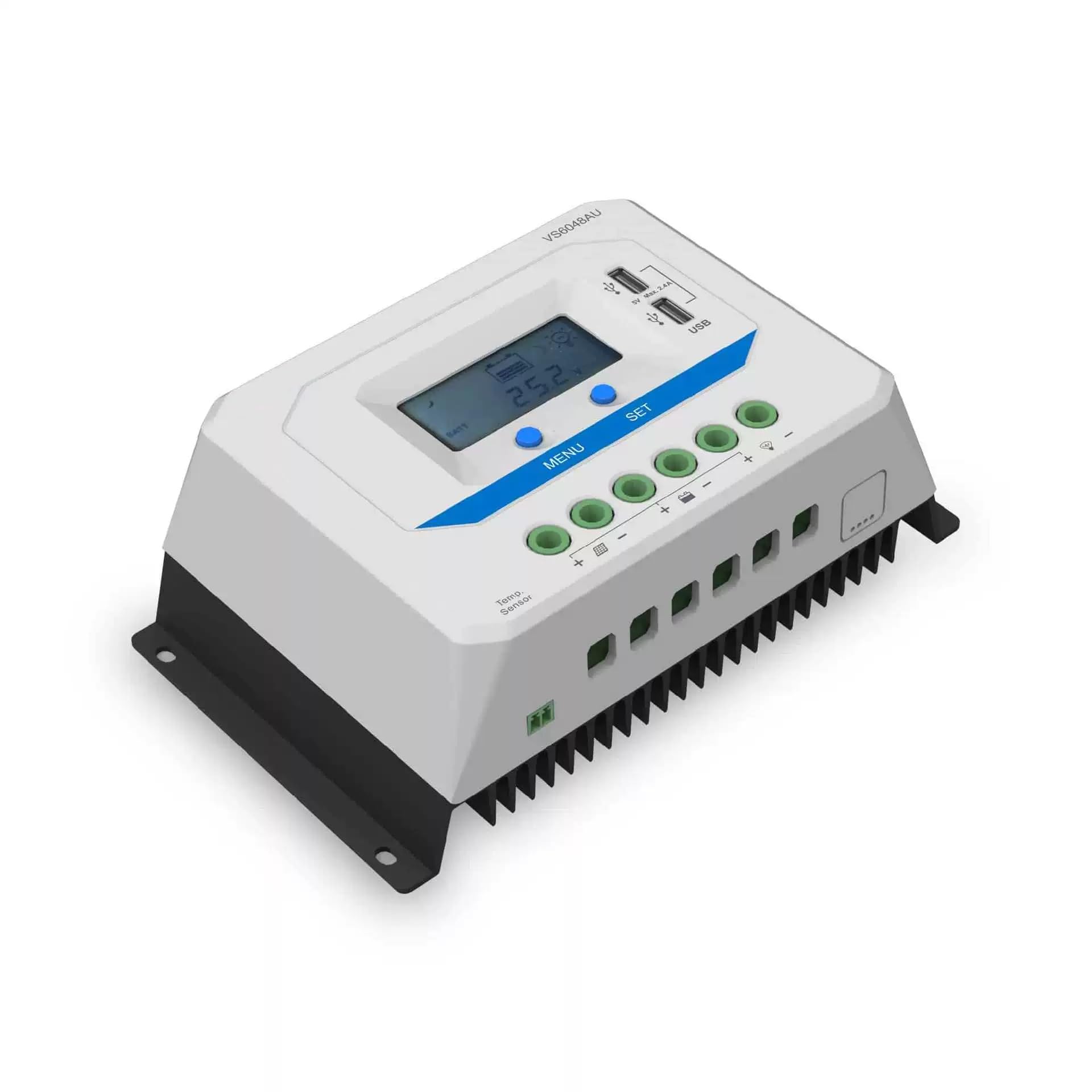 Controlador de Carga Solar, Controlador Solar 60A 12/24/36/48V Pantalla LCD Doble Toma USB VS6048AU