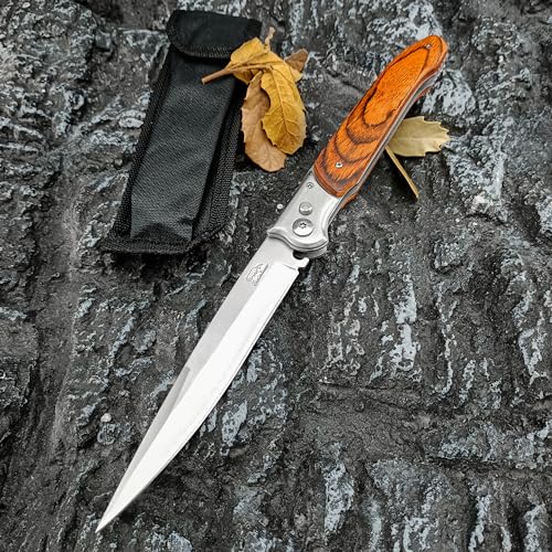 Generic 6901234525304 12"" Large Push Button Lock Pocket Knife With Slide Safety Lock,Assisted Opening Folding Knives,Stainless Steel Blade And Wooden Handle,Edc Tactical Knife thumb #1