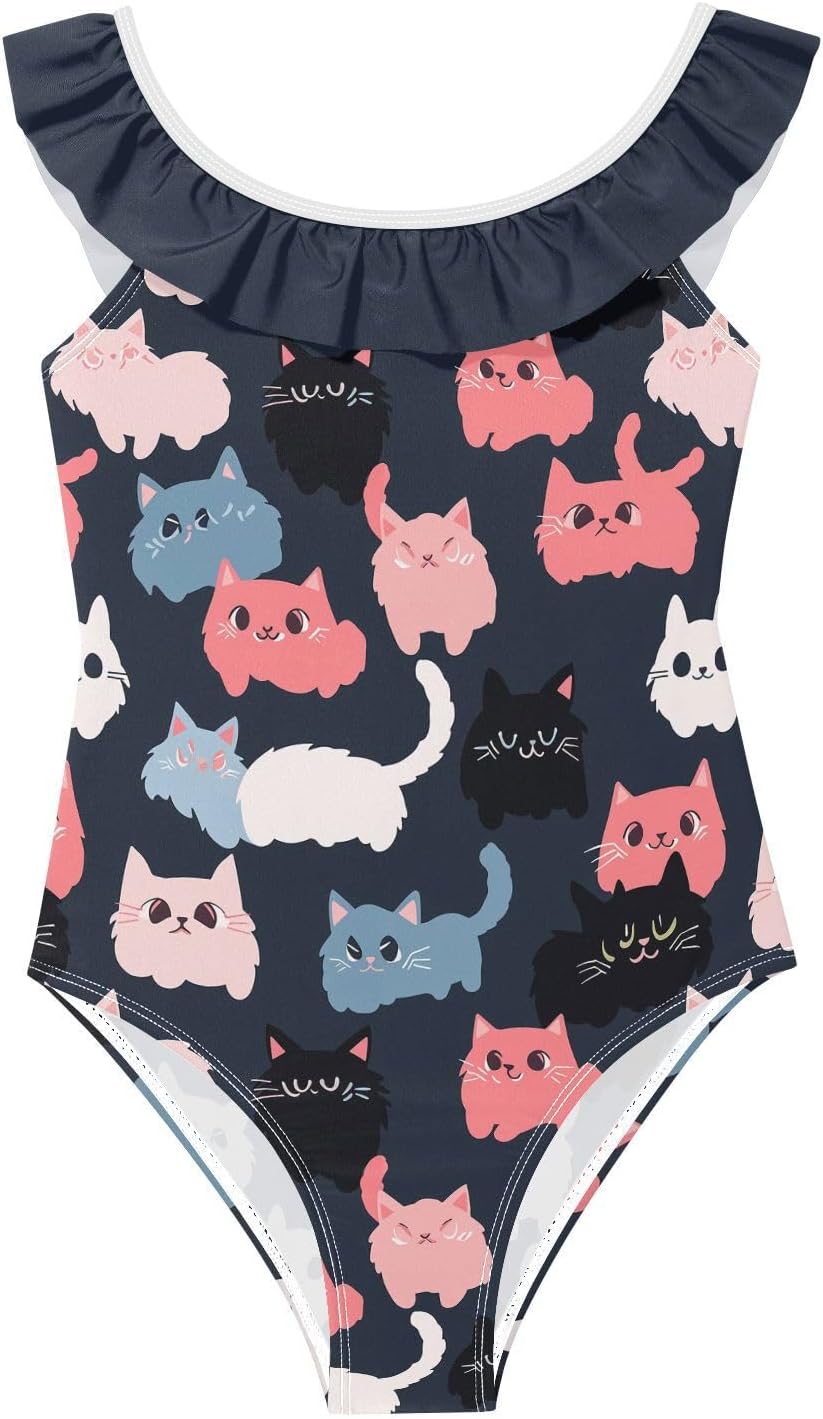 visesunny Girls One Piece Swimsuits Ruffle Swimwear Colorful Cartoon Cat Bathing Suits for Girls 3-6Y