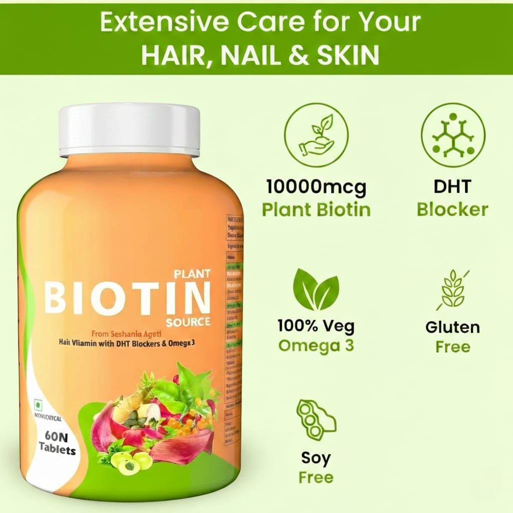 Plant Based Biotin Tablets with High Protein Vitamin DHT Omega 3 for Strong Hairs, Nails Growth & Glowing Skin - 60 Tablets
